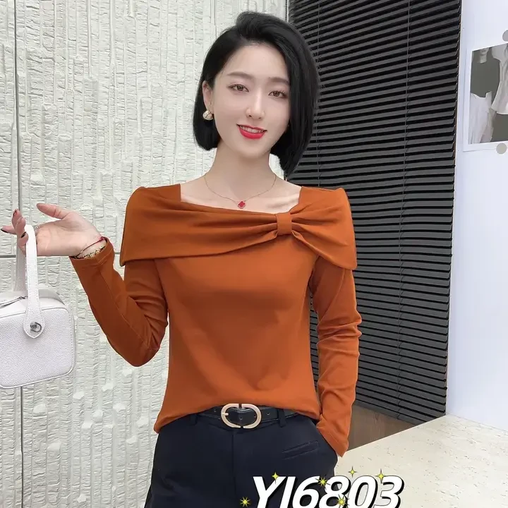 2025秋季新款仙气时尚长袖一字领T恤女神百搭气质显瘦网红上衣