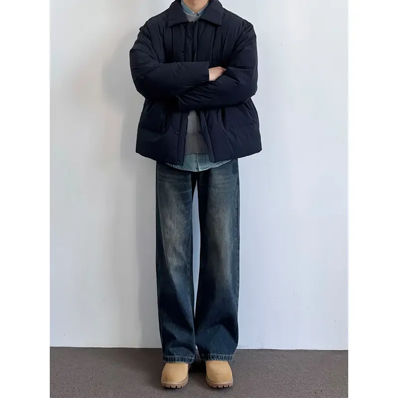 深蓝色加绒牛仔裤男款冬季大黄靴搭配裤子cleanfit直筒阔腿工装裤