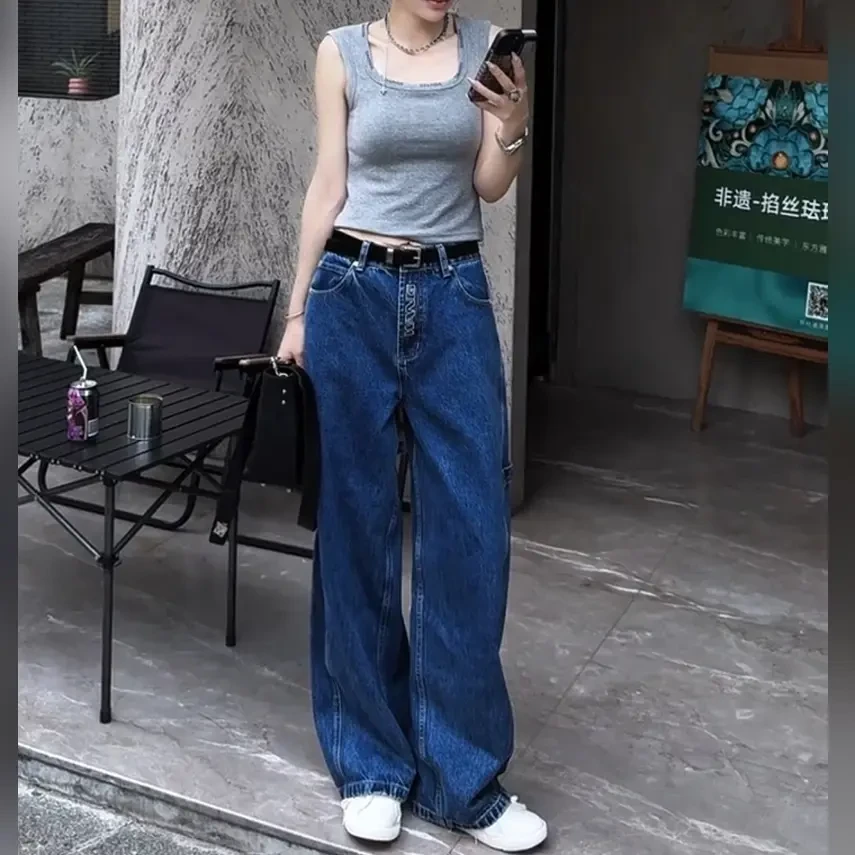 洋气炸街高腰直筒牛仔裤女士新款裤子夏大码宽松显瘦设计感阔腿裤
