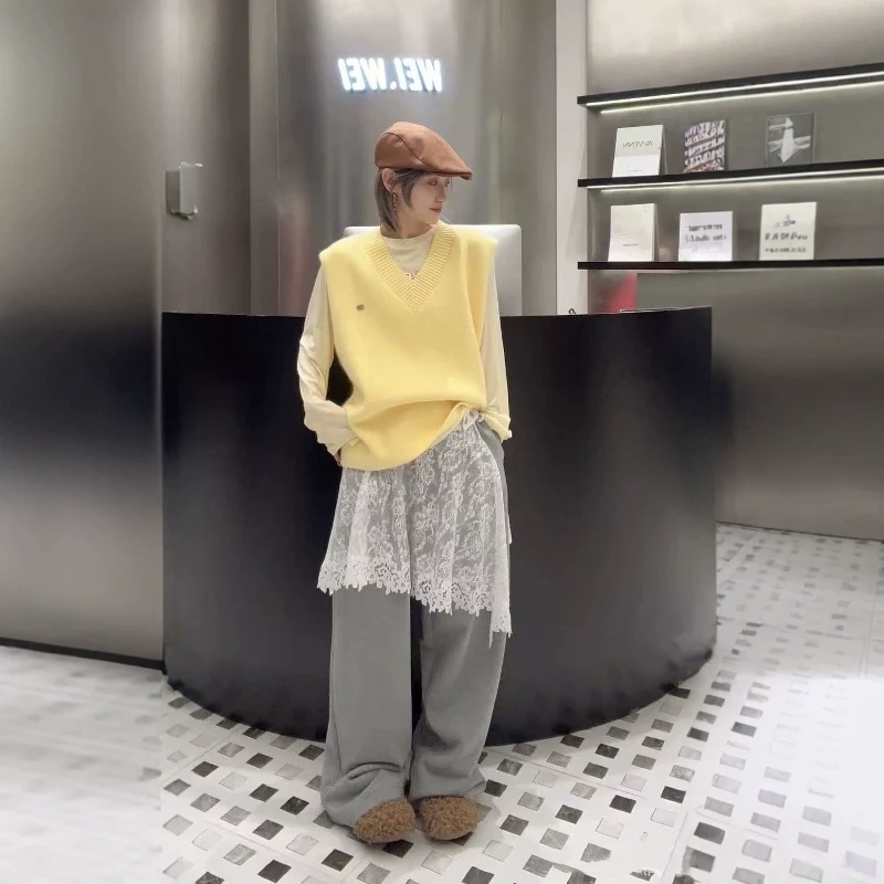【蕾丝屁帘灰色运动裤】设计师款2025春新品阔腿裤