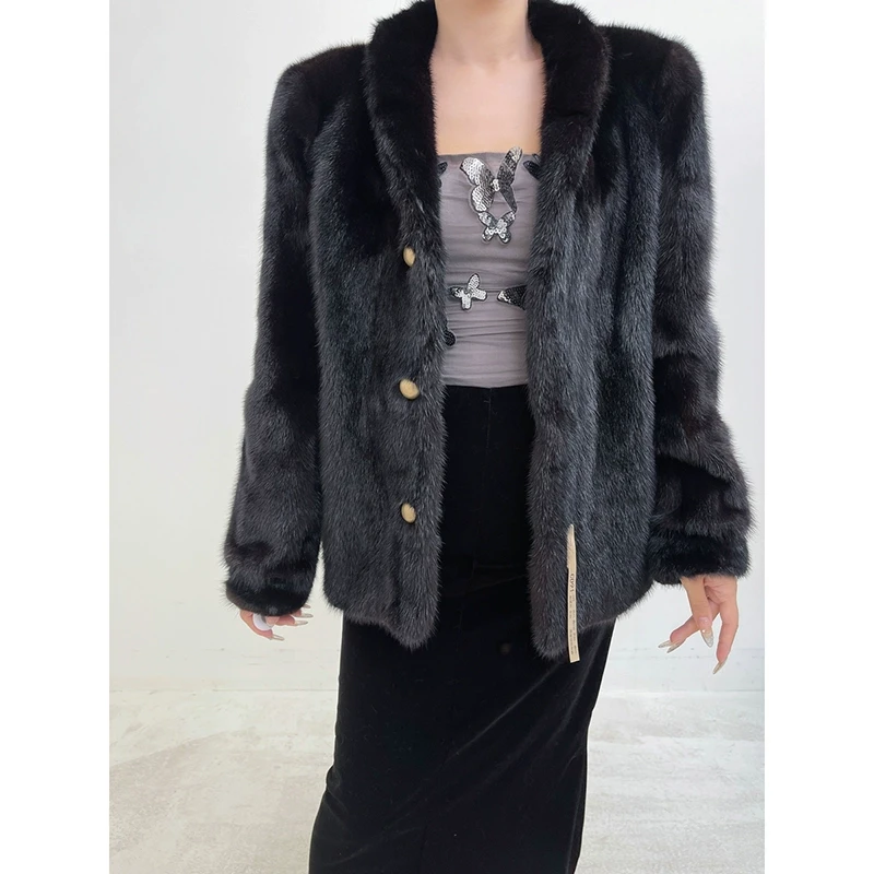 【CD91】S码 棕黑色短款全抽貂皮大衣（肩41胸100衣65袖60）