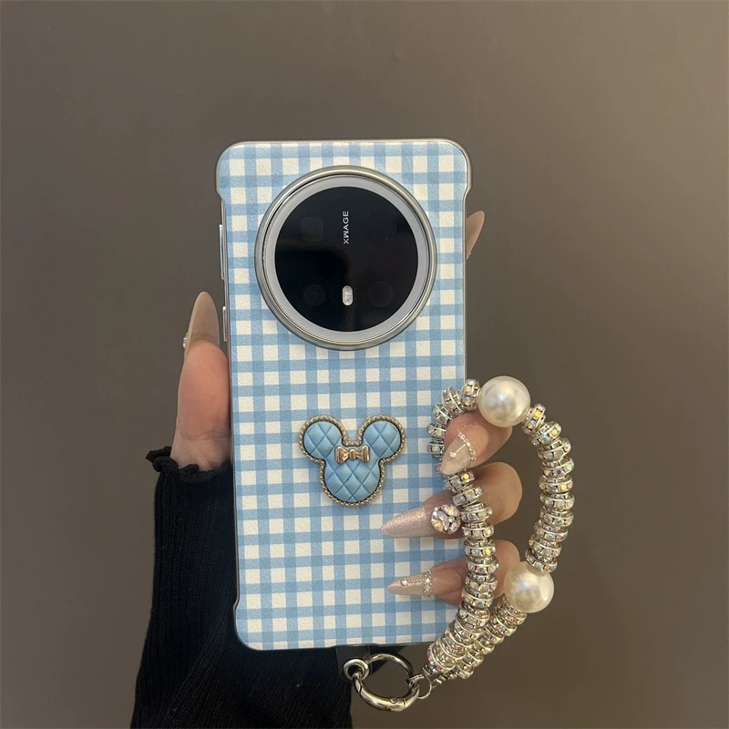 蓝白格纹适用华为mate70/60pro+手机壳无边框pura70立体米奇女款