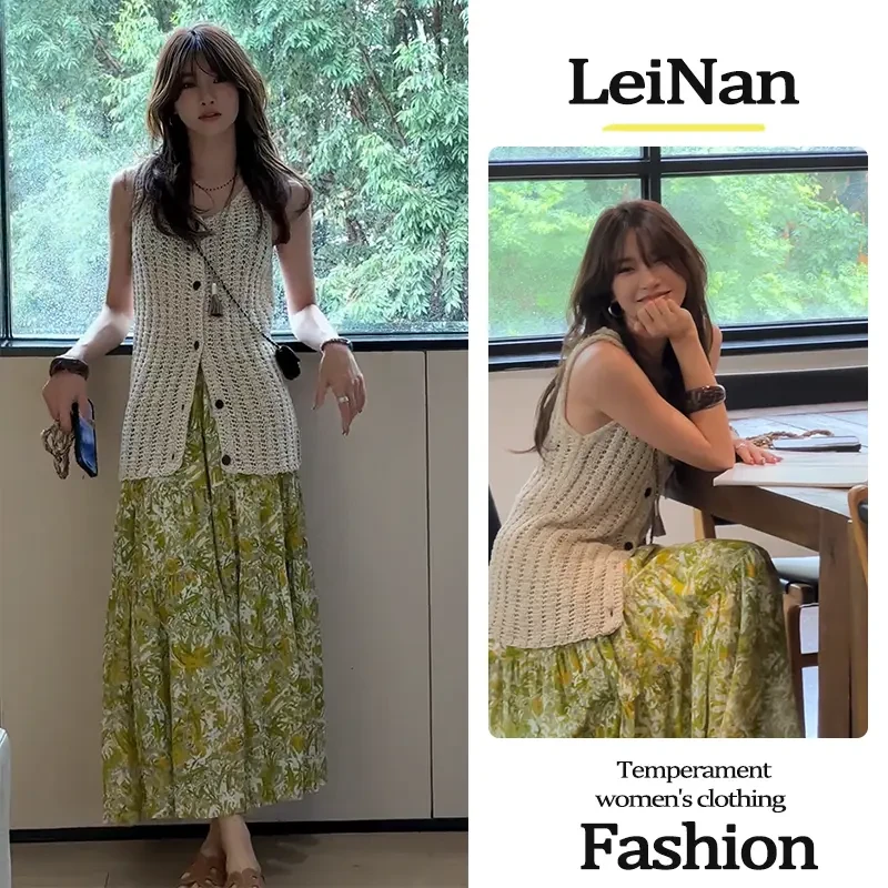 夏季流行穿搭一整套女2025新款镂空针织开衫高腰碎花半身裙两件套