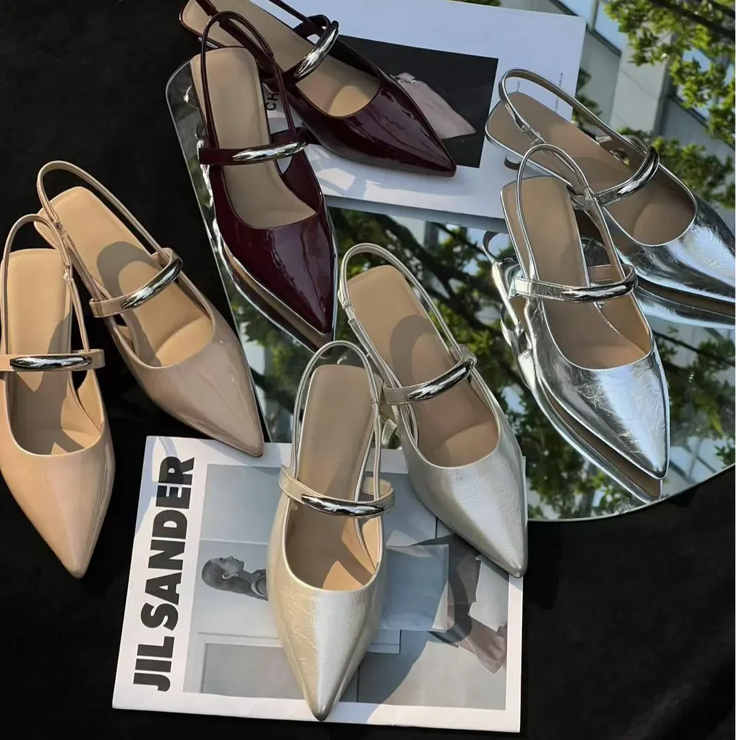 【小银条】一字带高跟鞋女2025夏季新款低跟漆皮后空女凉鞋12658