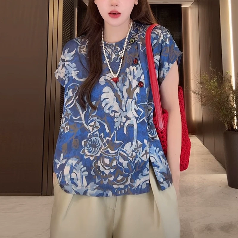 国风复古印花t恤女夏季2025时尚显瘦洋气减龄设计感圆领短袖上衣