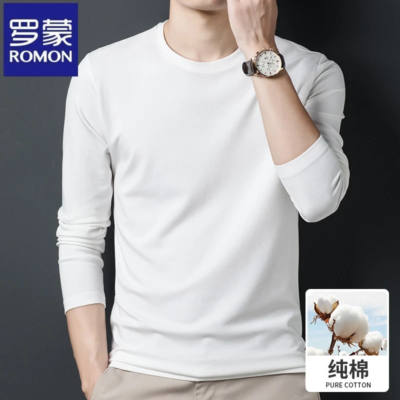 罗蒙春秋季男士长袖t恤纯棉圆领上衣白色休闲纯色百搭内搭打底衫
