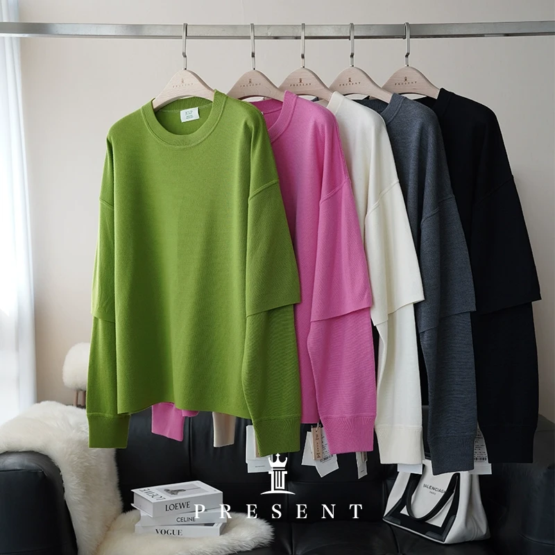 老宝娘家丨J*C匠心羊毛运动风宽松假两件长袖针织套头衫25春新款