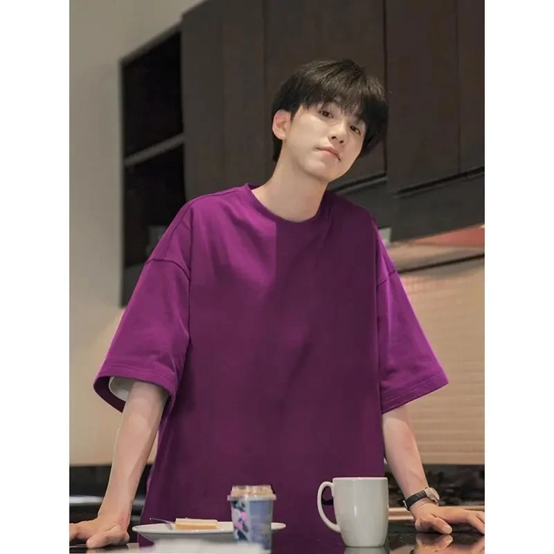 乌梅紫色300g重磅T恤男女潮牌夏季纯棉oversize精梳棉三本针短袖