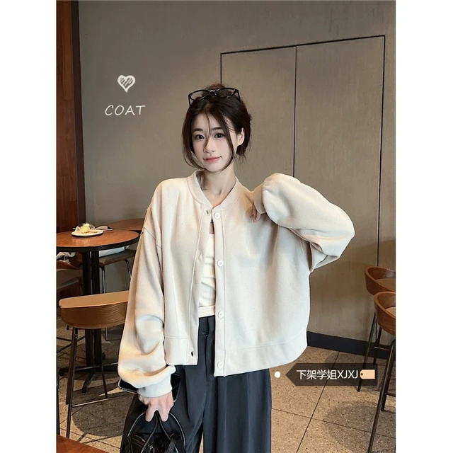 简约纯色百搭棒球服卫衣外套女秋季2024新款宽松休闲立领夹克上衣