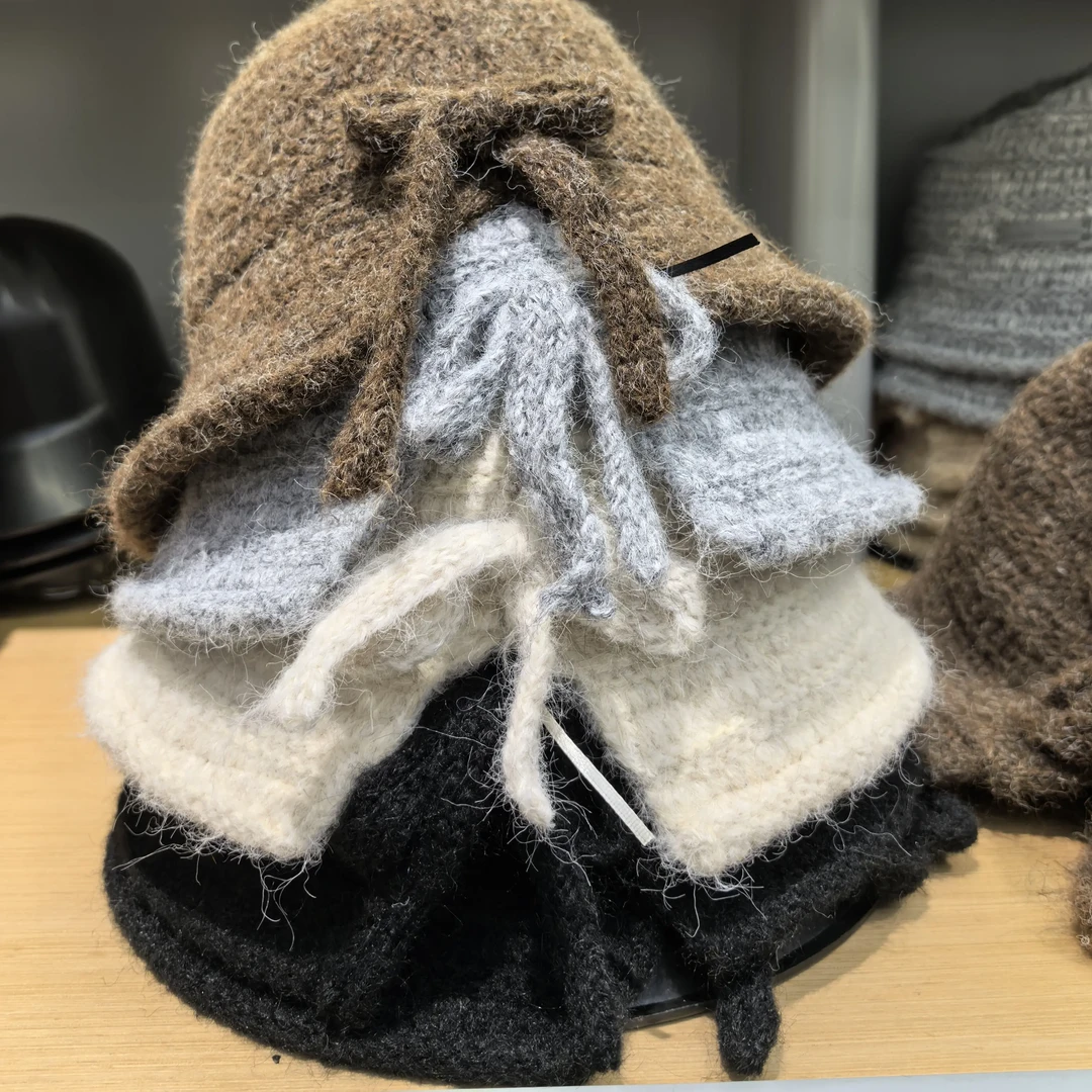 【S027】韩系开叉蝴蝶结针织渔夫帽女秋冬毛线保暖盆帽显脸小百搭