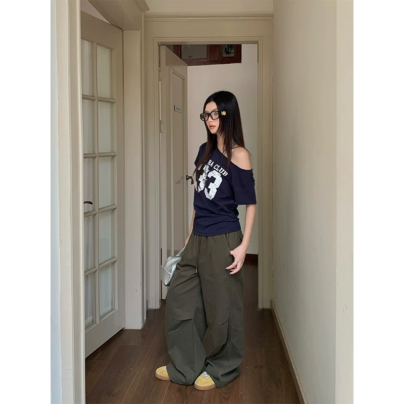 一只闪闪军绿色休闲裤女夏季新款美式高腰宽松慵懒风抽绳阔腿裤子