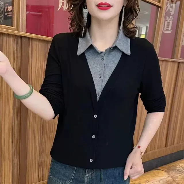 2025新款时尚气质假两件长袖小衫洋气百搭显瘦减龄女士t恤上衣