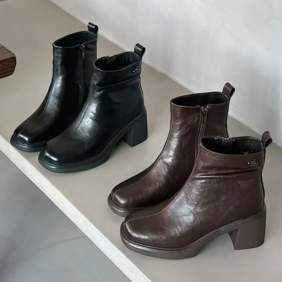 秋冬新款粗跟增高时尚百搭法式风女士短靴