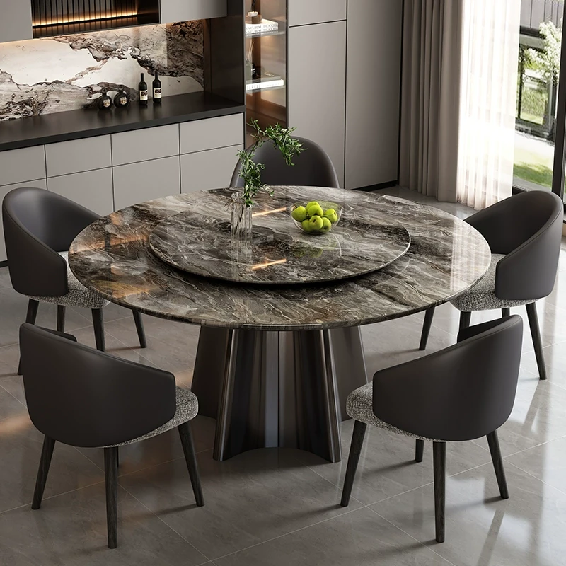 威尼斯棕天然大理石圆形餐桌椅组合意式轻奢家用小户型宝格丽黑桌