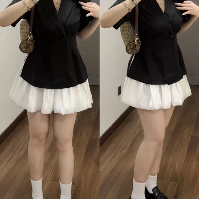 微胖MM御姐西装裙两件套女夏季短袖外套气质收腰显瘦遮肚蓬蓬裙子
