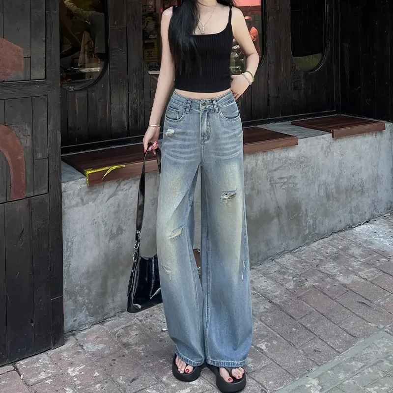 高个子辣妹美式破洞直筒牛仔裤女薄款2025夏季高腰显瘦窄版阔腿裤