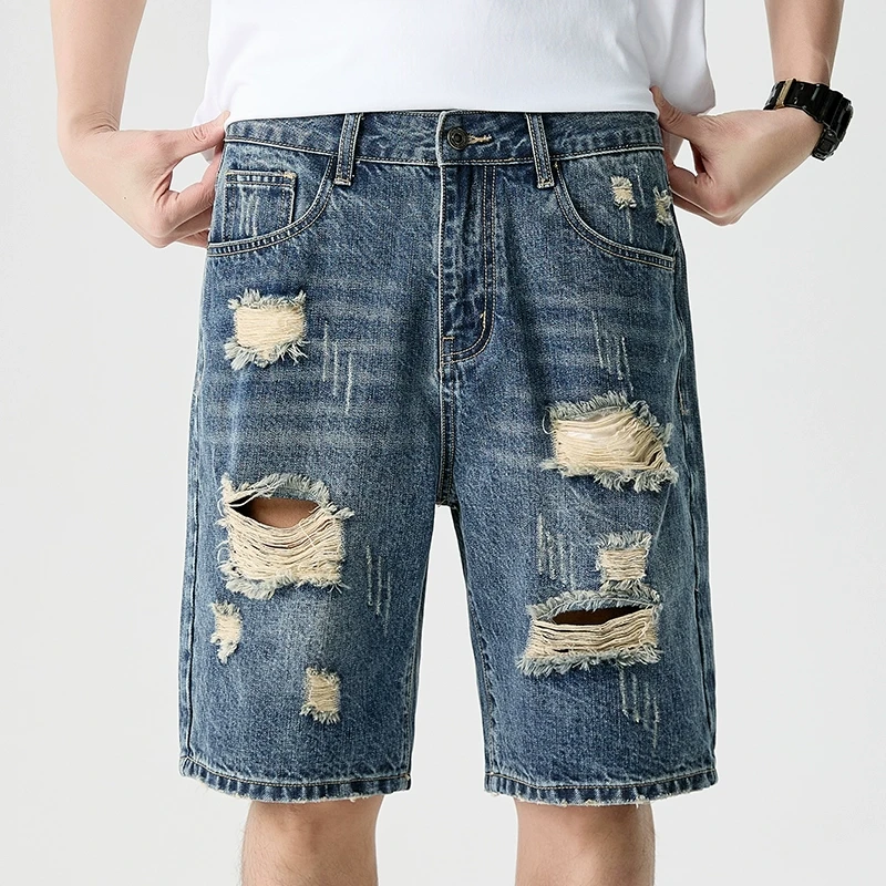 美式复古乞丐破洞牛仔短裤男夏季薄款纯棉五分休闲裤宽松直筒中裤