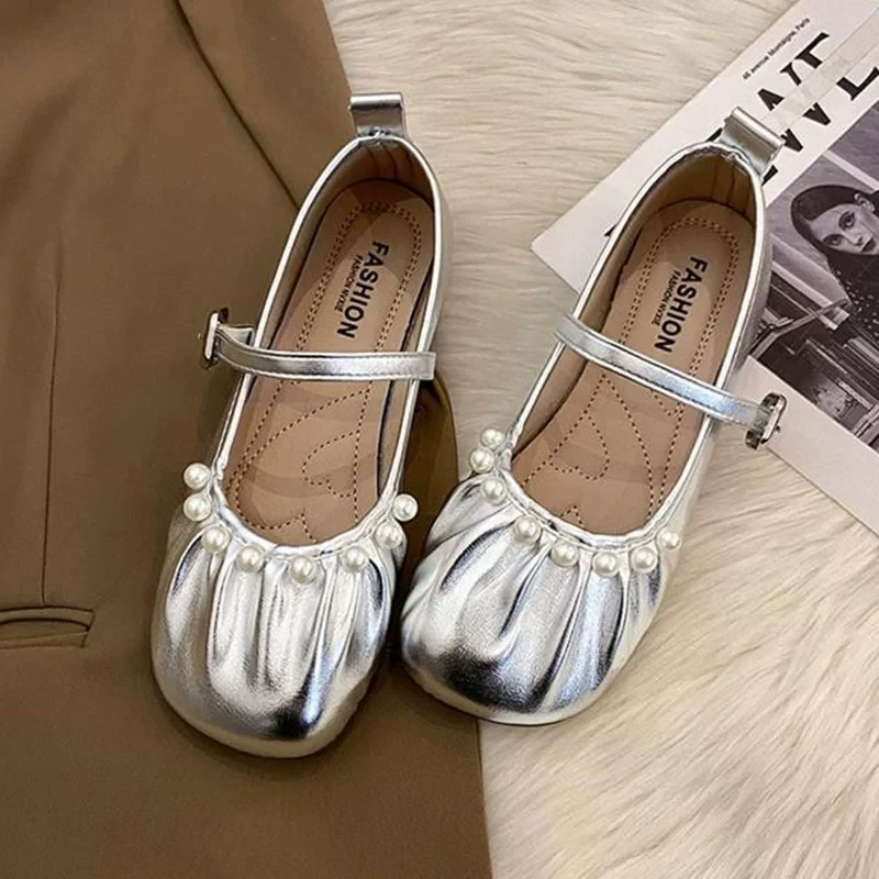 大码女鞋40-43显脚小玛丽珍鞋子女2025夏季新款凉鞋平底银色单鞋