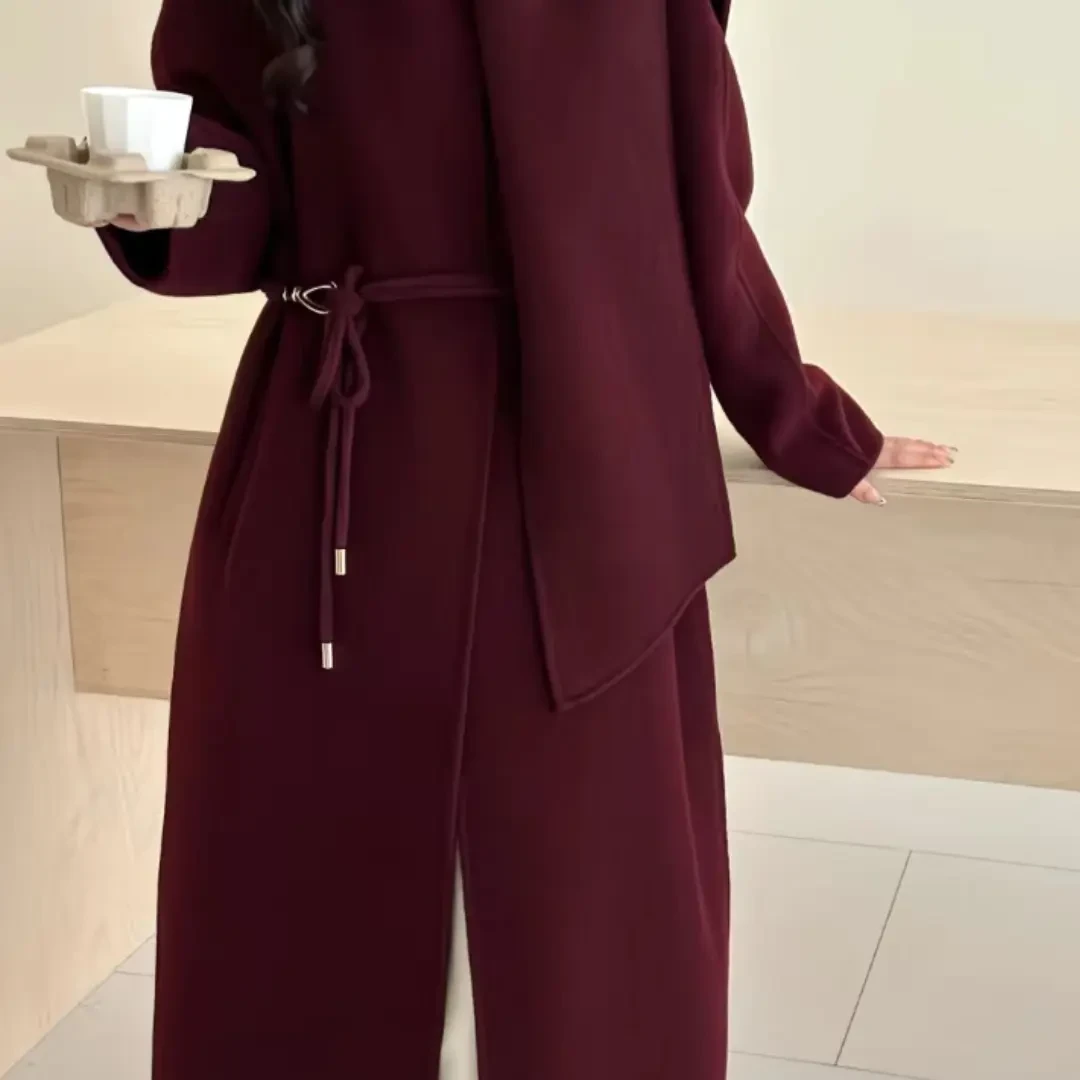 秋季爆款带围巾修身系带双面羊毛绒大衣女秋冬新款