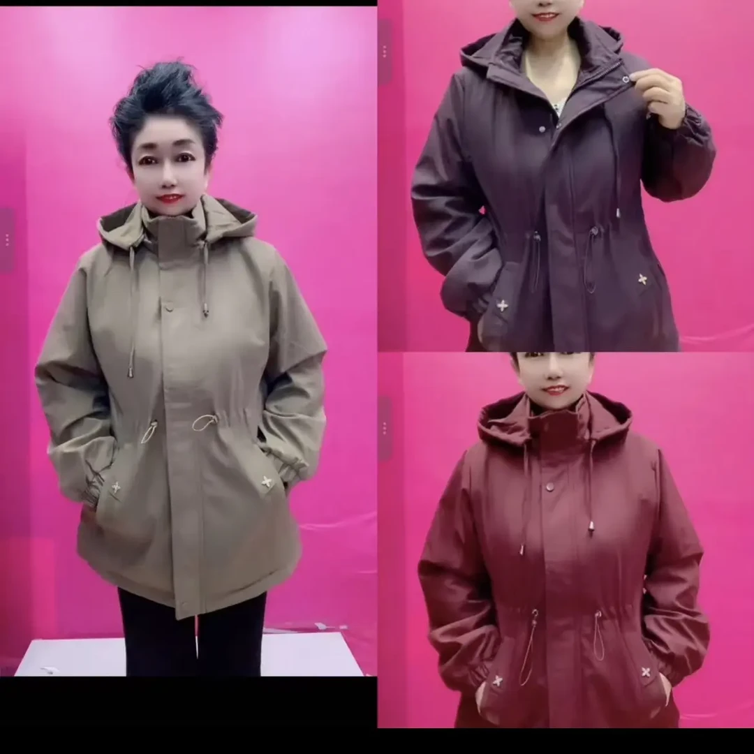 新款加绒保暖中老年女连帽中长款可脱卸棉服风衣外套