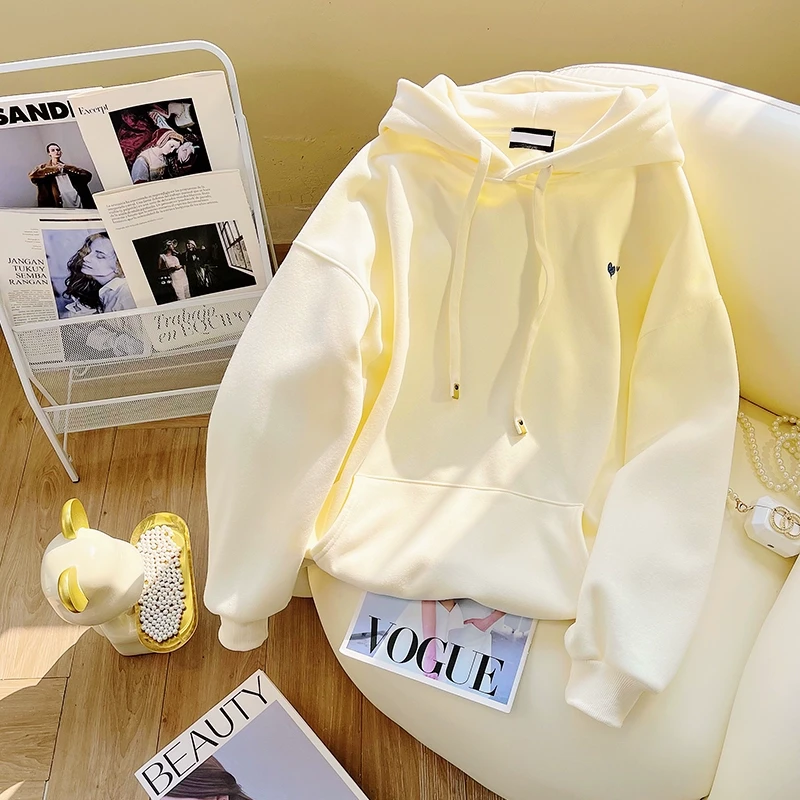 韩系chic爱心刺绣加绒连帽卫衣女春秋2025新款重磅加厚保暖外套潮