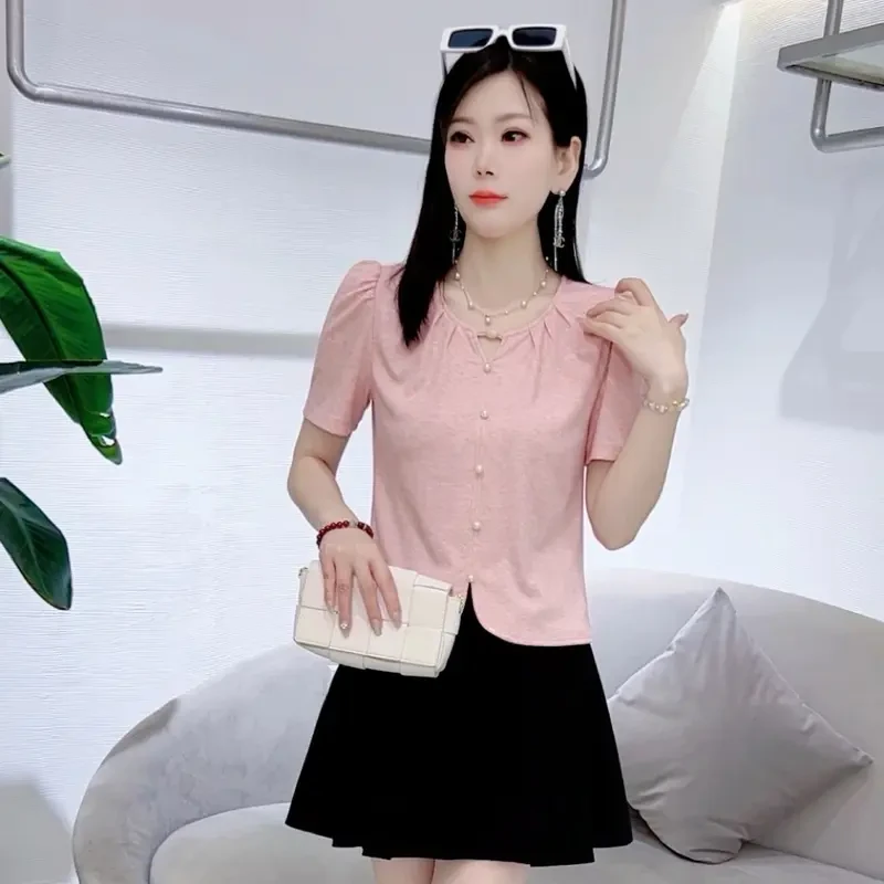 甜美圆领短袖T恤女夏季新款百搭洋气减龄显瘦上衣温婉大方衣服