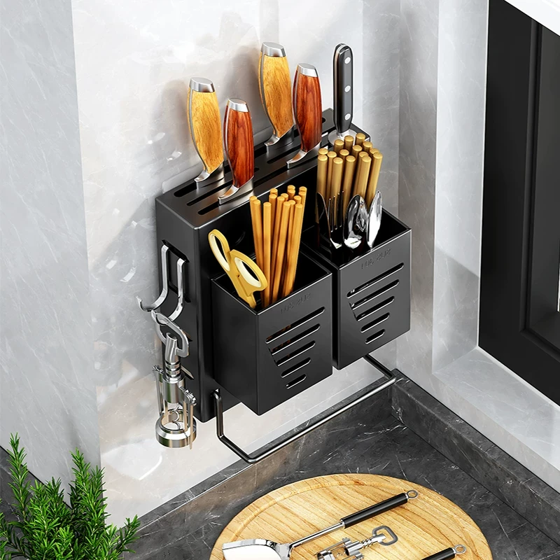 不锈钢刀架筷子筒一体式置物架厨房菜刀架刀具收纳架壁挂式免打孔