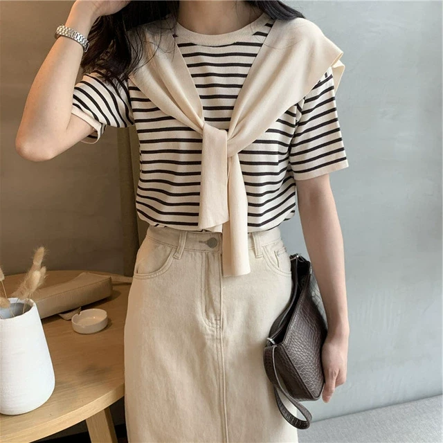 条纹短袖t恤女夏季假两件套冰丝针织衫宽松显瘦披肩海军绑带上衣