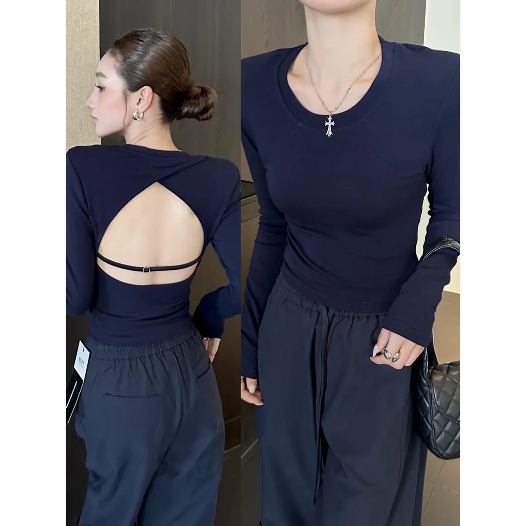 纯欲风镂空露背长袖T恤女2025秋季韩系修身显瘦内搭打底衫上衣潮