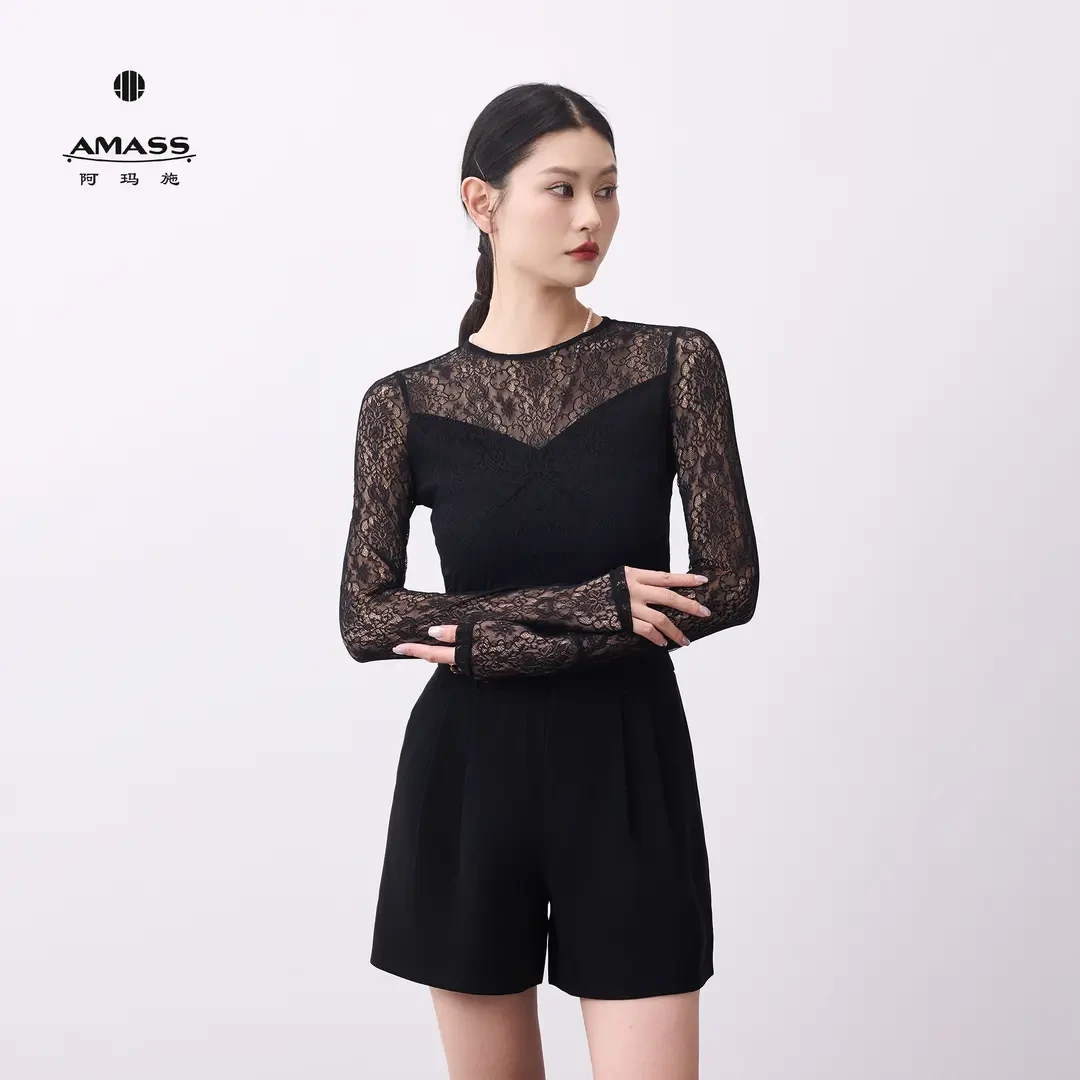 AMASS/阿玛施春夏新款女气质镂空设计蕾丝圆夏季法式镂空蕾丝衫