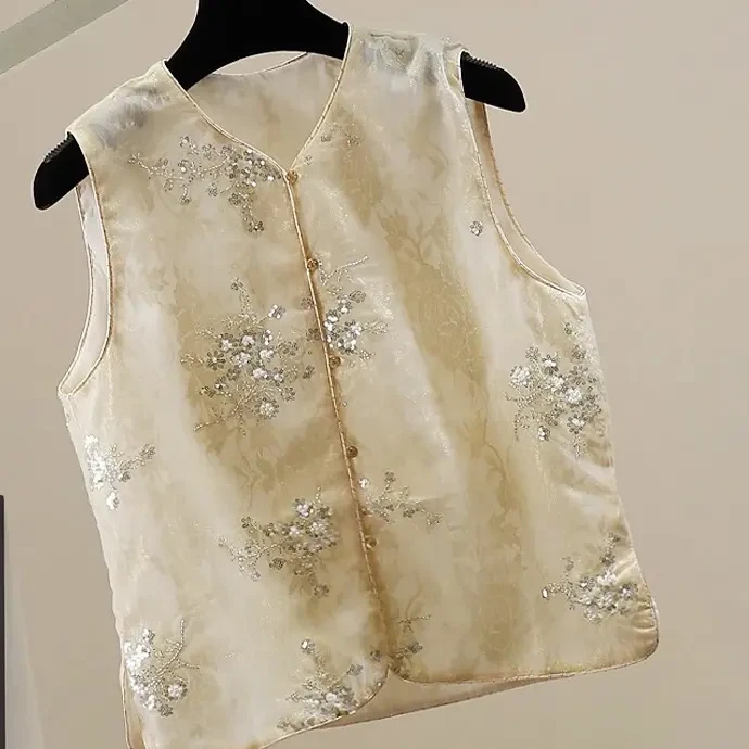 新中式国风重工夏季女士亮片刺绣马甲