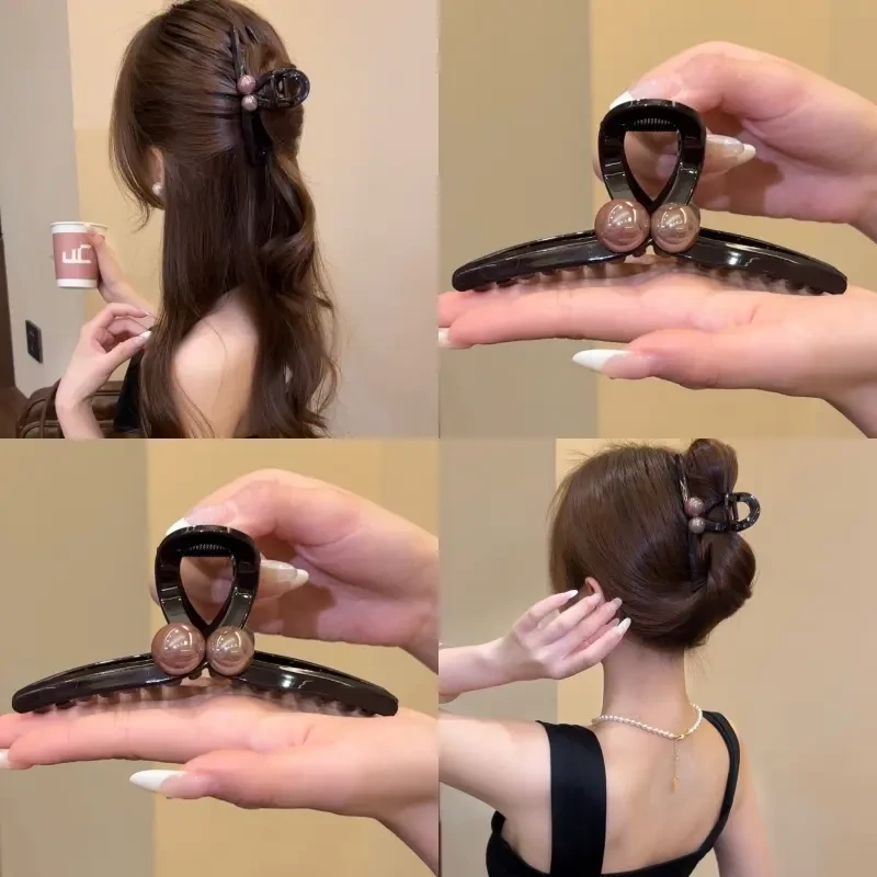 简约气质复古咖色珠珠抓夹经典百搭鲨鱼夹夏季爆款发卡后脑勺发饰