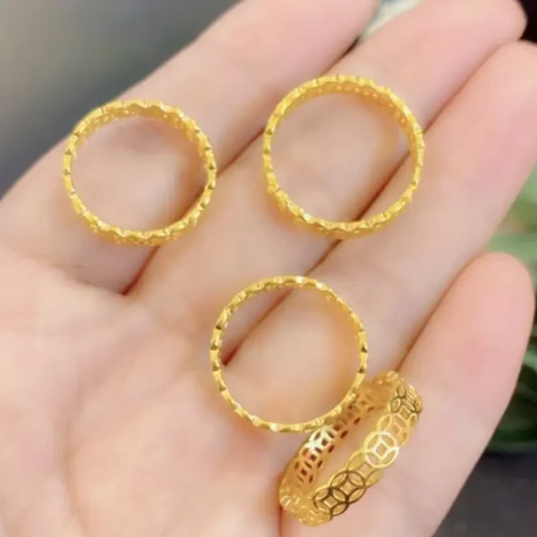 合金塑料戒指 金色指环女款镂空暴富铜钱戒可调节百搭黄色女士