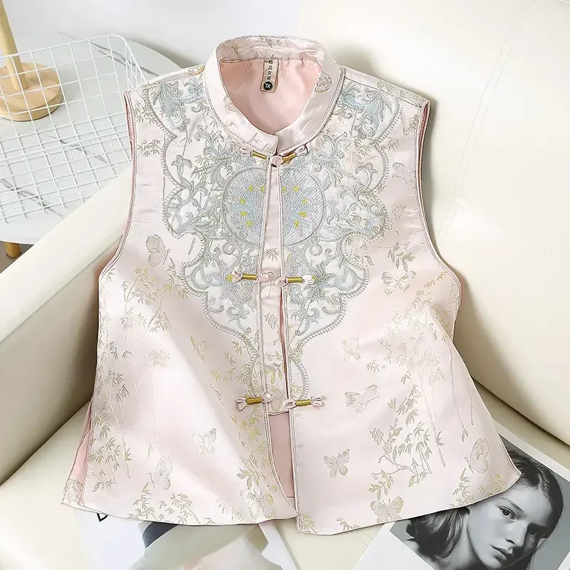 2025春秋新中式国风重工刺绣立领马甲女新款宽松开叉盘扣无袖坎肩