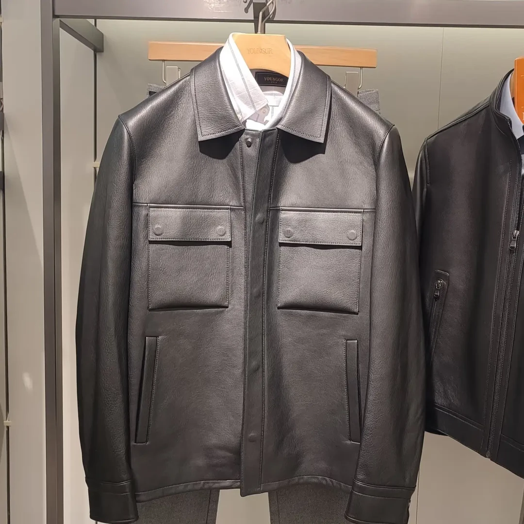 中年男士秋冬翻领加绒绵羊皮休闲立领短款皮衣