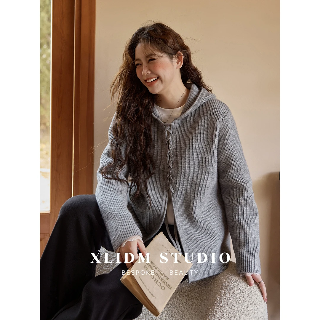 小俪自制大码女装绑带开叉正肩休闲连帽针织衫毛衣CD5T08305