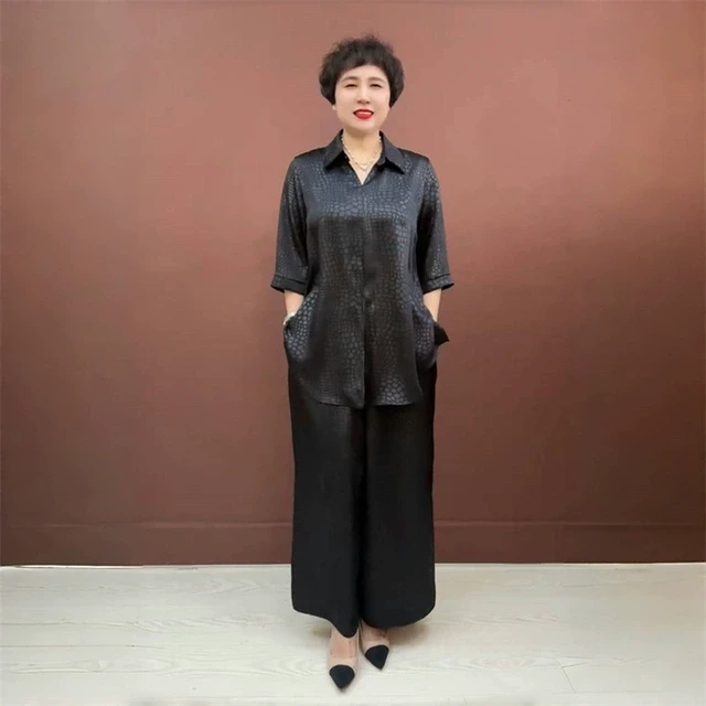 中年妈妈中长款时尚洋气宽松大码翻领衬衫气质真丝阔腿裤两件套装