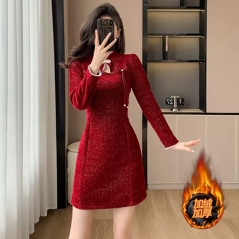 2024冬款加绒加厚酒红色新娘结婚敬酒服晚礼服女新中式旗袍连衣裙