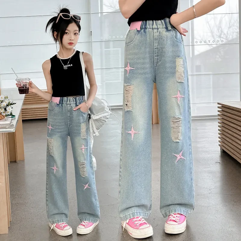 女童牛仔裤夏装儿童夏季薄款破洞阔腿裤中大童洋气窄版直筒长裤子