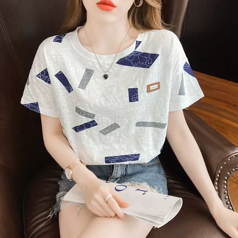 夏装纯棉印花短袖t恤女2025夏季新款韩版时尚半袖体恤上衣设计感