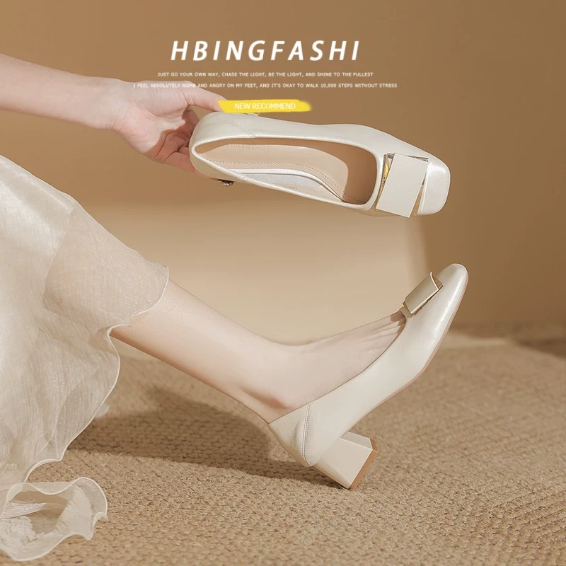 万达撤柜头层牛皮春夏季方头单鞋气质中粗跟浅口伴娘鞋职业高跟鞋