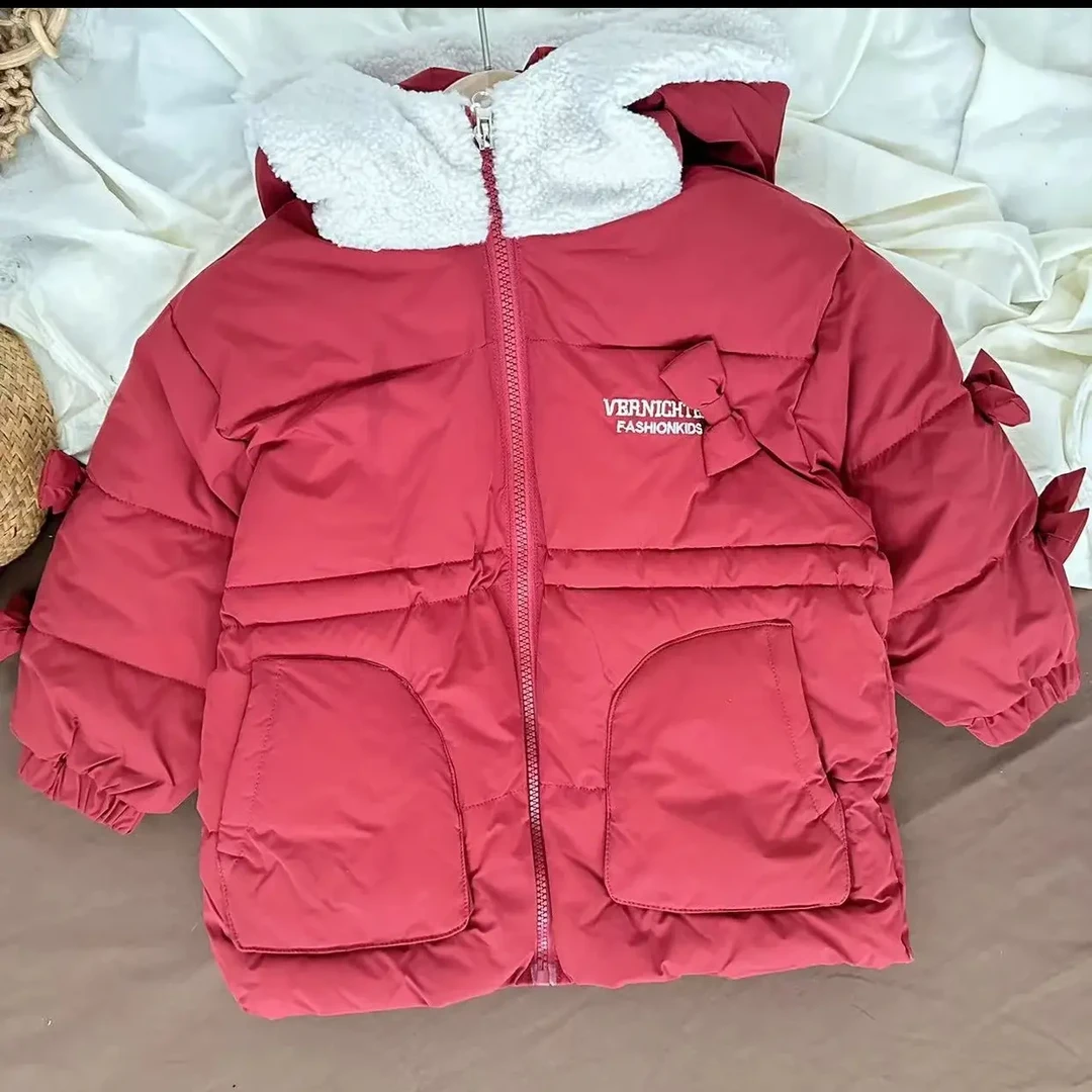 新款秋冬加厚保暖蝴蝶结毛绒连帽百搭夹棉上衣