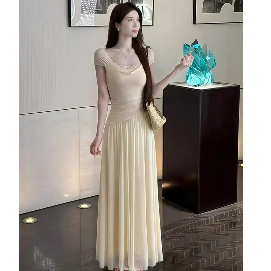 【淡颜天菜】法式气质感荡领蕾丝拼接大摆型设计感收腰时尚连衣裙