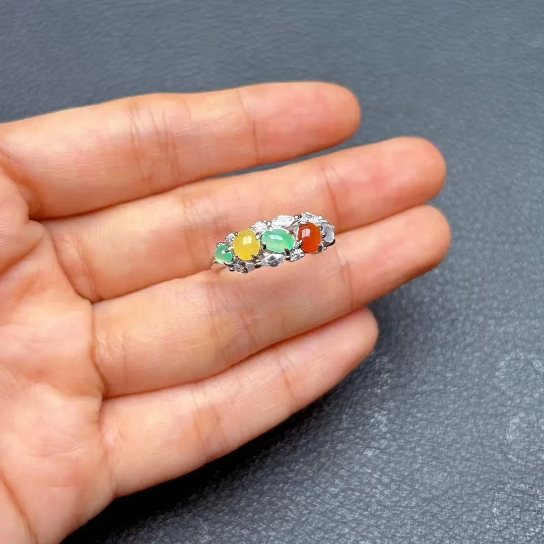 翡翠多宝蛋面925银镶嵌银托可调节排戒时尚百搭