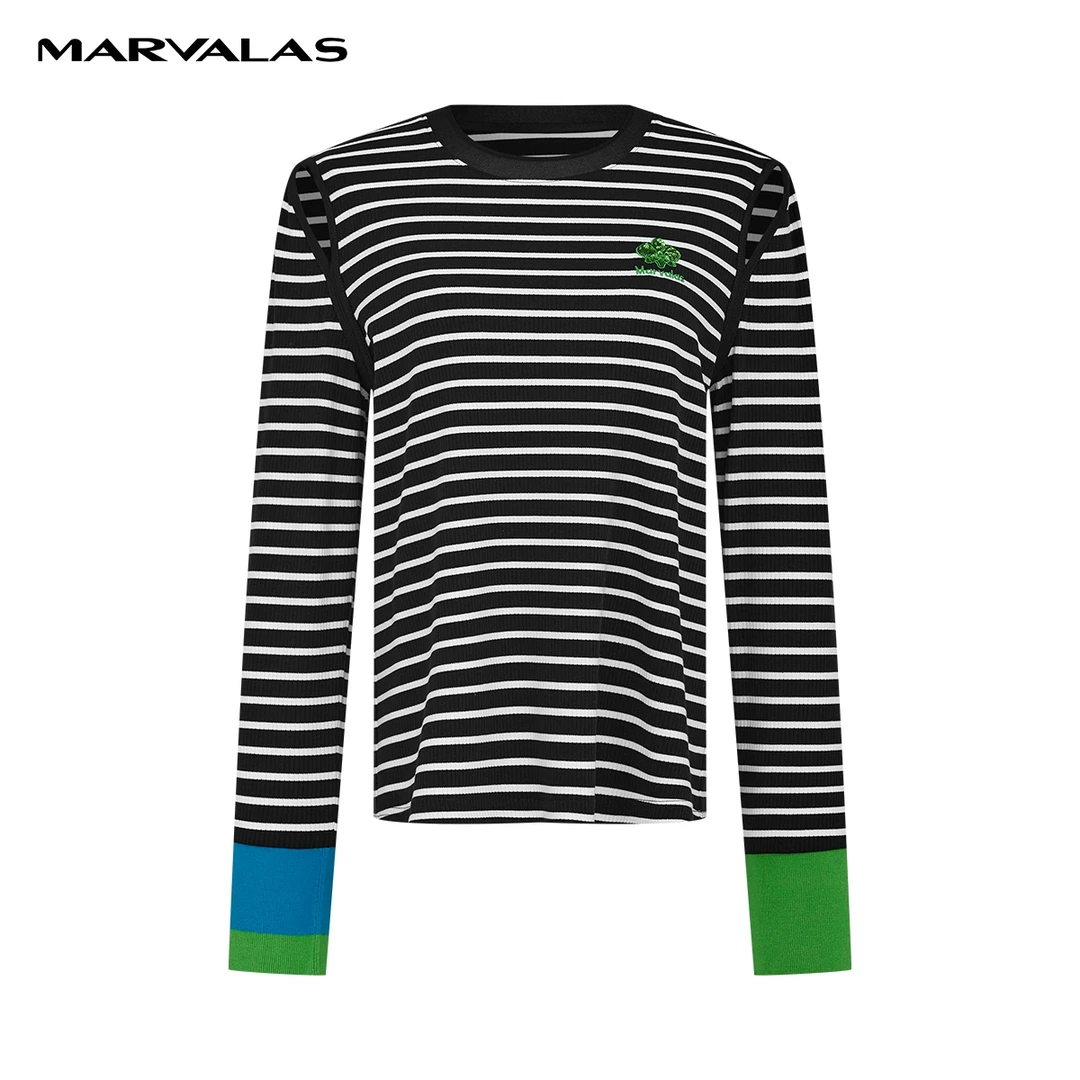 【商场同款】曼德诗设计感T恤2024春装新款经典黑白条纹长袖上衣