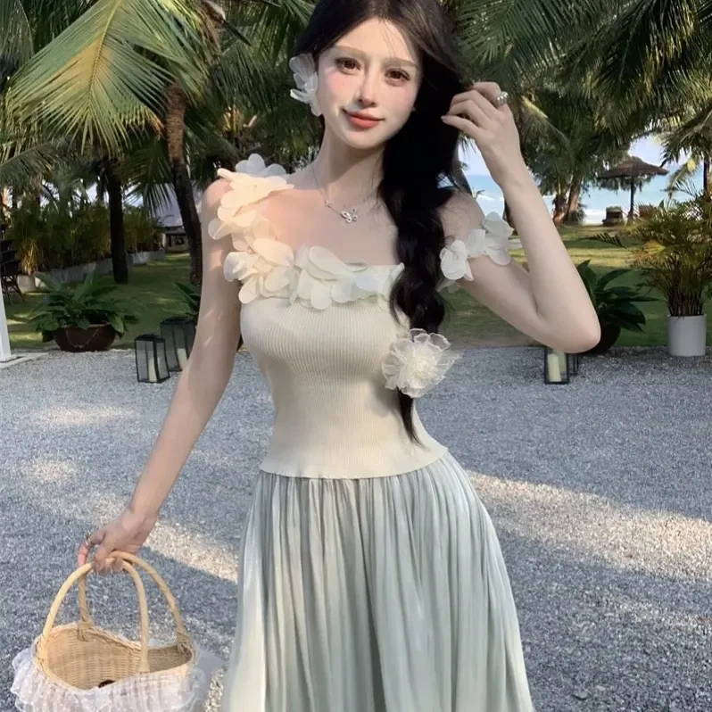 夏季法式立体花朵修身显瘦甜美背心无袖打底内搭小吊带法式吊带