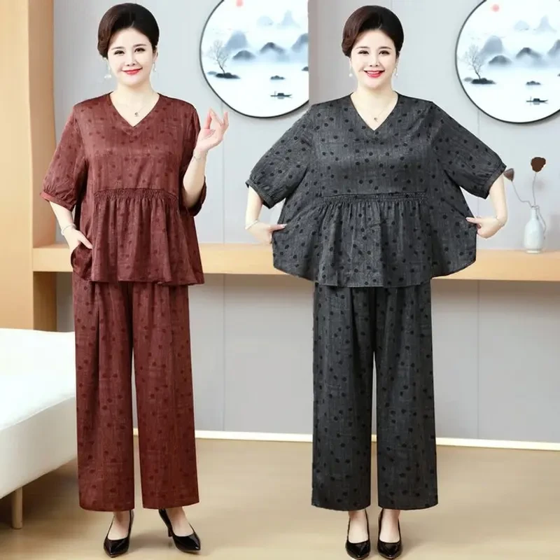 新款时尚套装特大码薄款宽松中老年时尚家居服洋气夏装T恤妈妈装