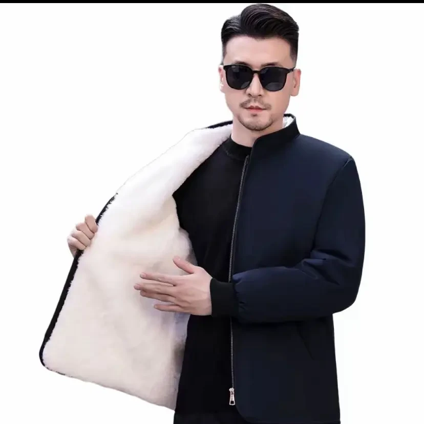 常规款拉链圆下摆免烫修身型男士皮毛一体大码皮衣秋冬加绒男款