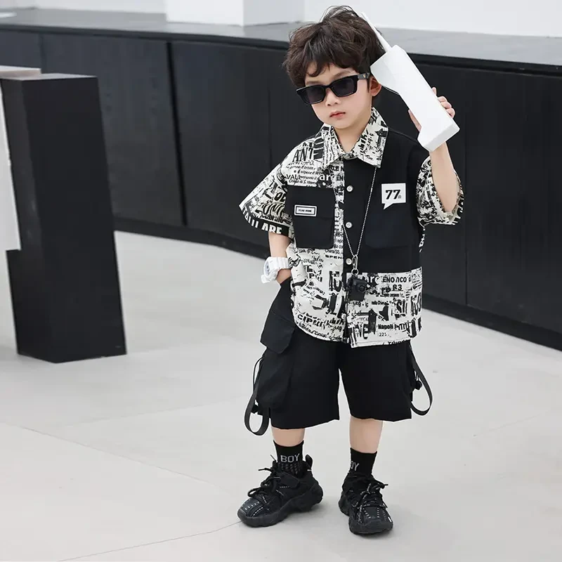 男童夏装工装套装2025新款痞帅气儿童夏季短袖衬衫韩范男孩两件套