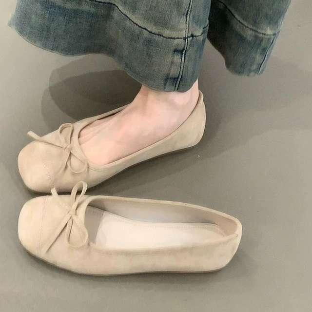 百丽官方正品羊皮版~法式温柔一脚蹬蝴蝶结芭蕾舞鞋女浅口平底舒